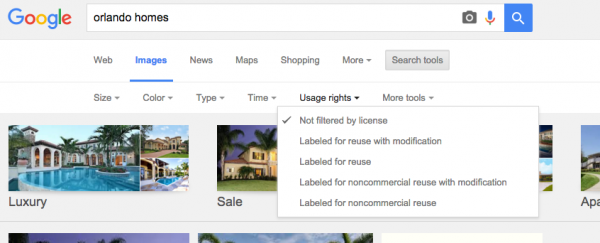 Google images search tool for usage rights